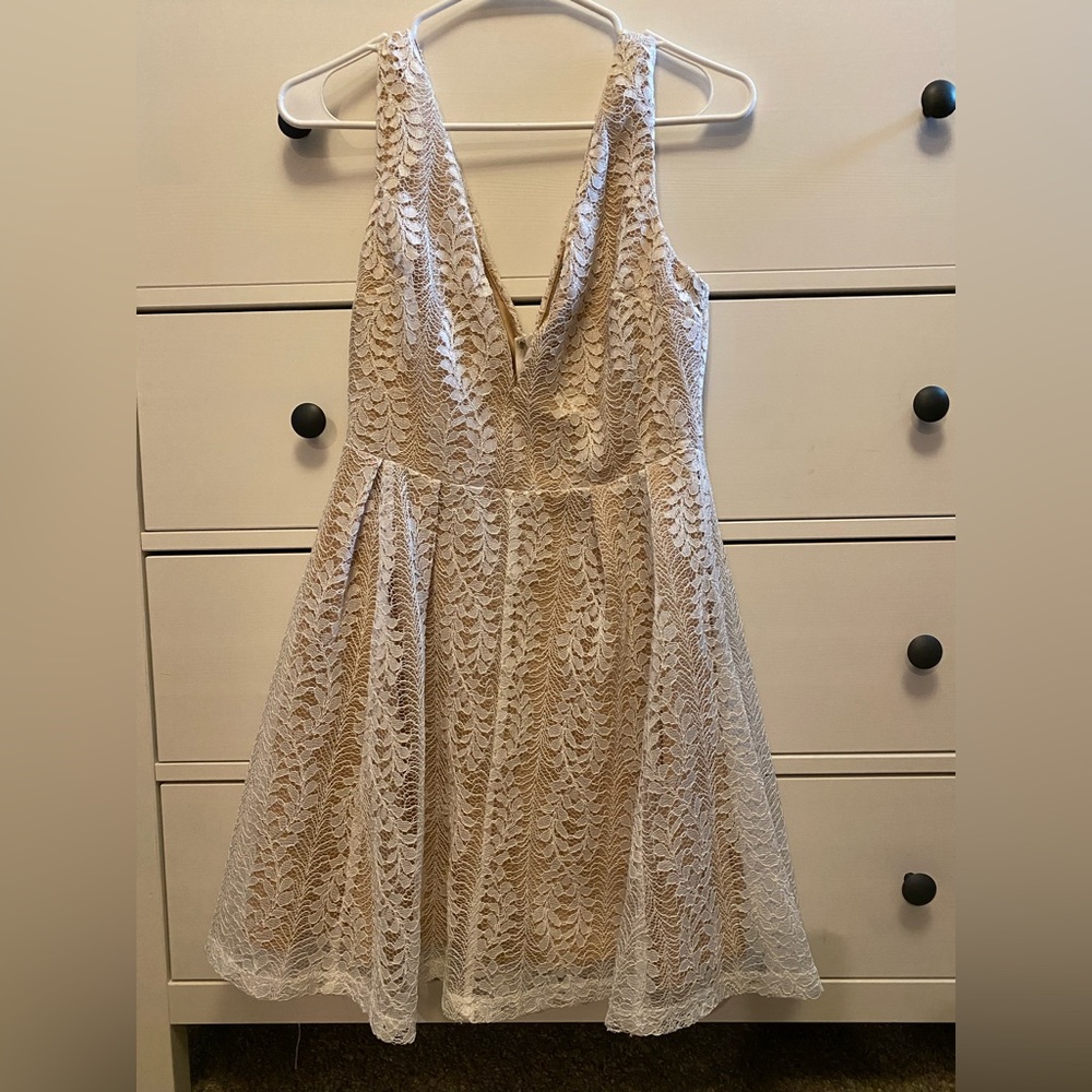 Lulus white lace and champagne skater dress, plunging neckline